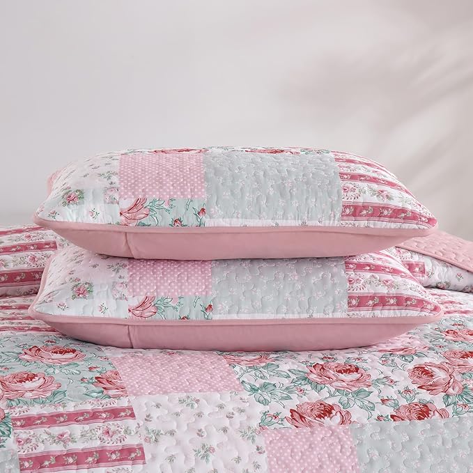 Patchwork Quilt Set Queen Size, 3 Piece Soft Microfiber Reversible Pink Grey - Image 6