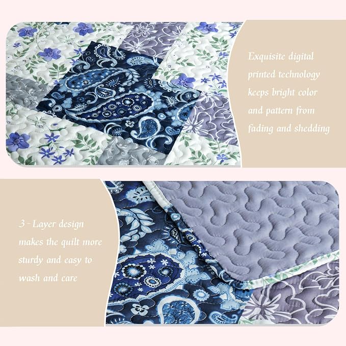Whale Flotilla Patchwork Quilt King Size, Soft Boho Floral Bedspreads - Image 4