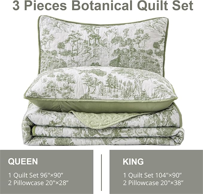 WONGS BEDDING Botanical Quilt Set Full Size, Sage Green 3 Pieces Toile Floral - Image 6