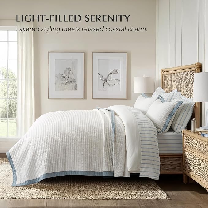 EVERGRACE Cotton Border Frame Tack-Stitch Quilt Bedding Set King Size, Coastal - Image 2
