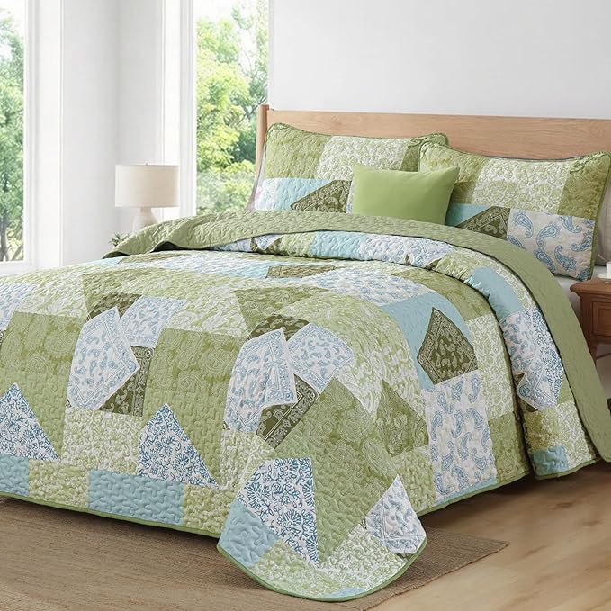 Mybedsoul Patchwork Quilts Queen Size, Soft Sage Green Paisley Floral Queen - Image 2