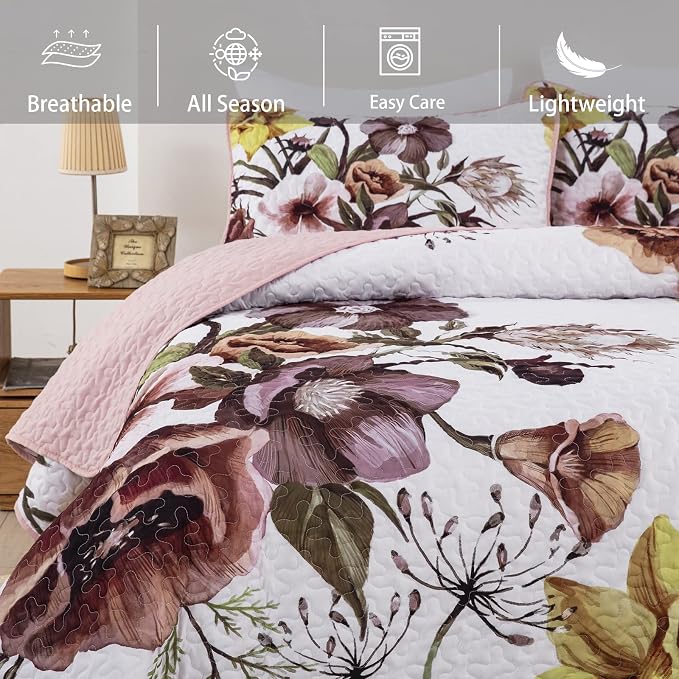 Drucon Floral Quilt Set Queen 3 Pieces Boho Blush Quilt Coverlet Set Soft - Image 4