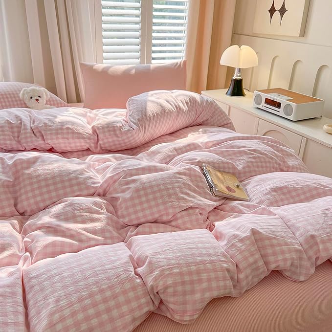 mixinni Light Pink Gingham Duvet Cover Set Queen Size - Image 2