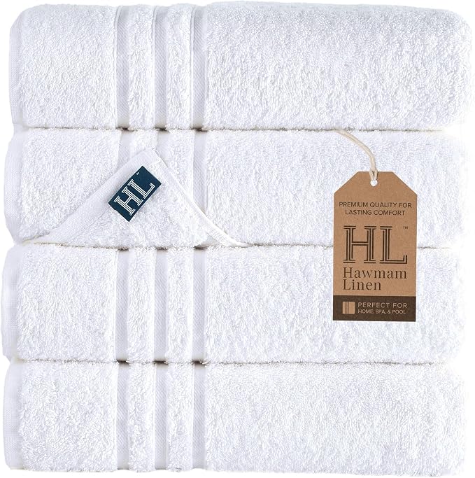 Hawmam Linen White Bath Towels 4 Pack 27 x 54 Inches 100% Turkish Cotton Soft by HawmamLinen
