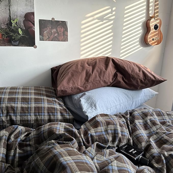 mixinni Vintage Brown & Blue Buffalo Plaid Duvet Cover Set Twin XL Size - Image 4