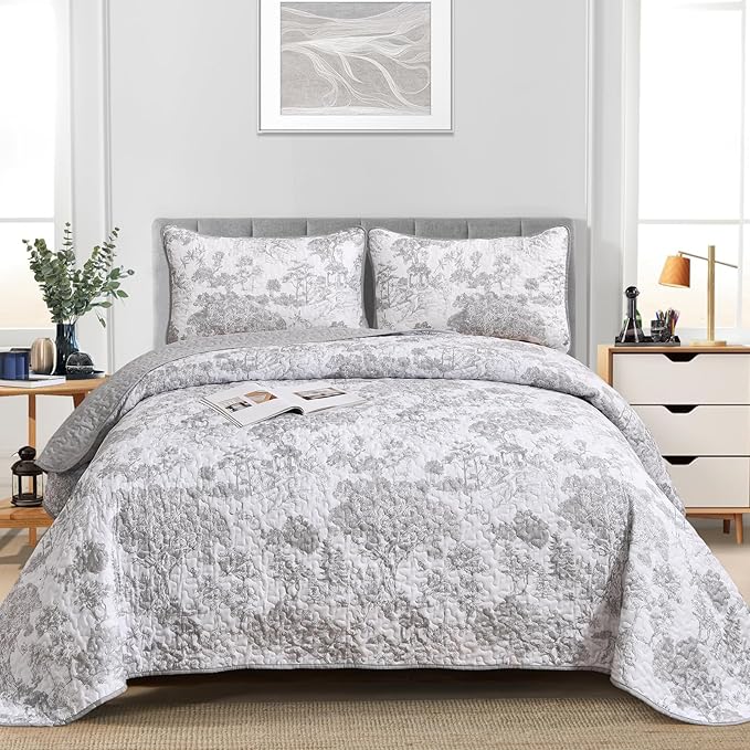 WONGS BEDDING Grey Quilt Set Full Size, 3 Pieces Botanical Bedspreads Set - Image 2