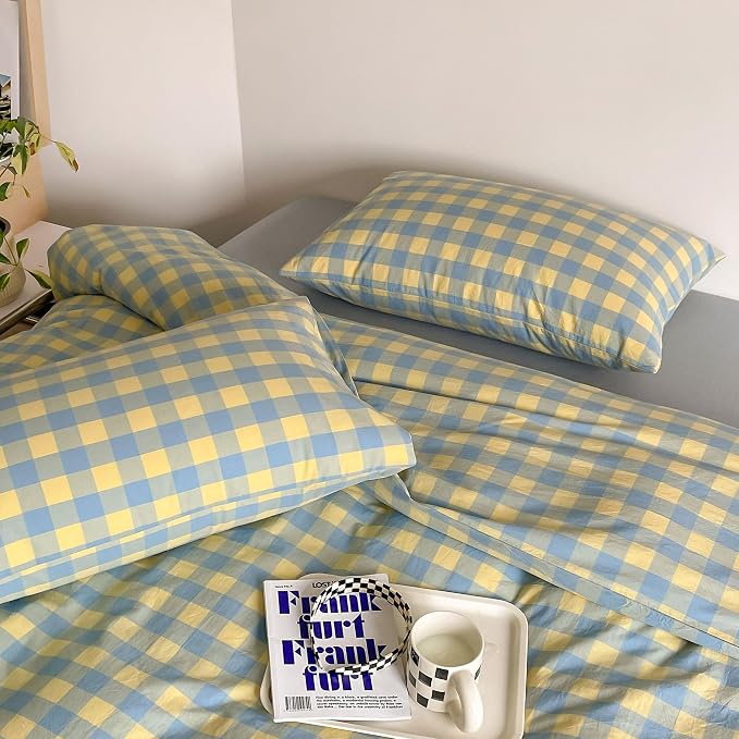 mixinni Yellow Blue Green Checkered Duvet Cover Set - Image 4