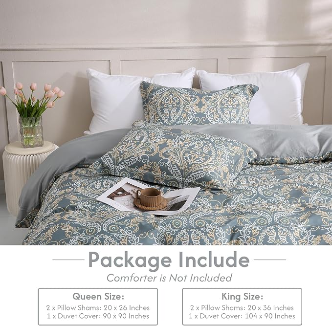 LONAVA Queen Paisley 3 Pcs Duvet Cover Set, Breathable Soft Microfiber Grey - Image 6