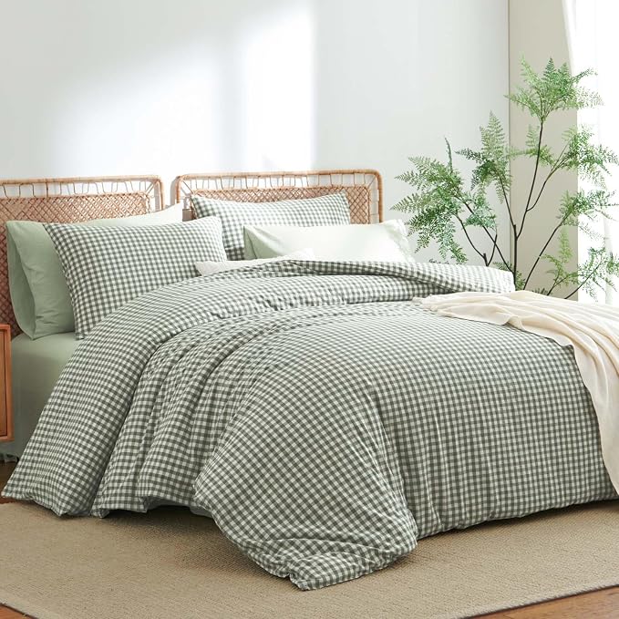 Nayoroom Gingham Duvet Cover Twin Size 100% Washed Cotton Green Plaid Checkered - Image 3