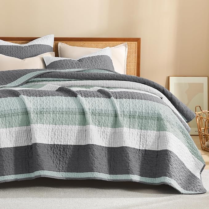 Litanika Twin Quilt Set Sage Green, 68x86 Stripe Bedspread Coverlet 2 Pieces - Image 8