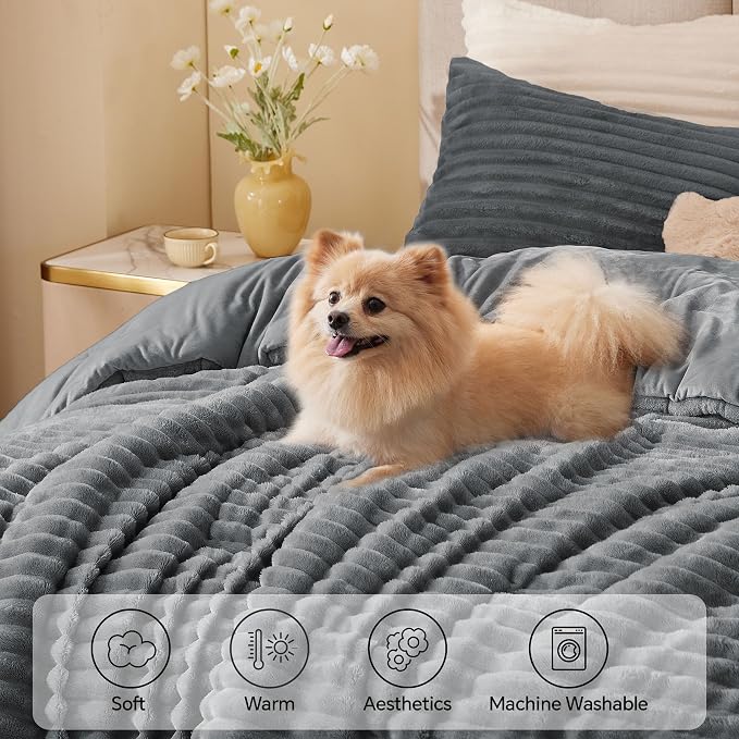 BEDELITE Fleece Queen Comforter Set -Super Soft & Warm Fluffy Grey Bedding - Image 3