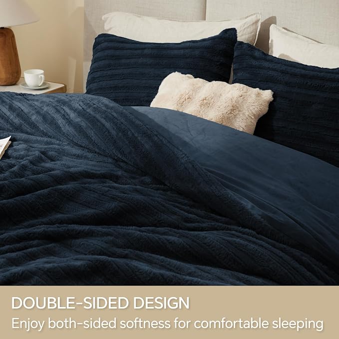 BEDELITE Fleece Queen Comforter Set -Super Soft & Warm Fluffy Navy Faux Fur - Image 4