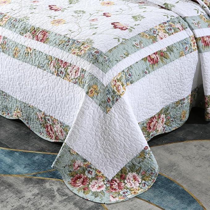ROOMLIFE Quilt Set Full Size 3D Floral Embroidery Pattern 3-Piece Cotton - Image 2