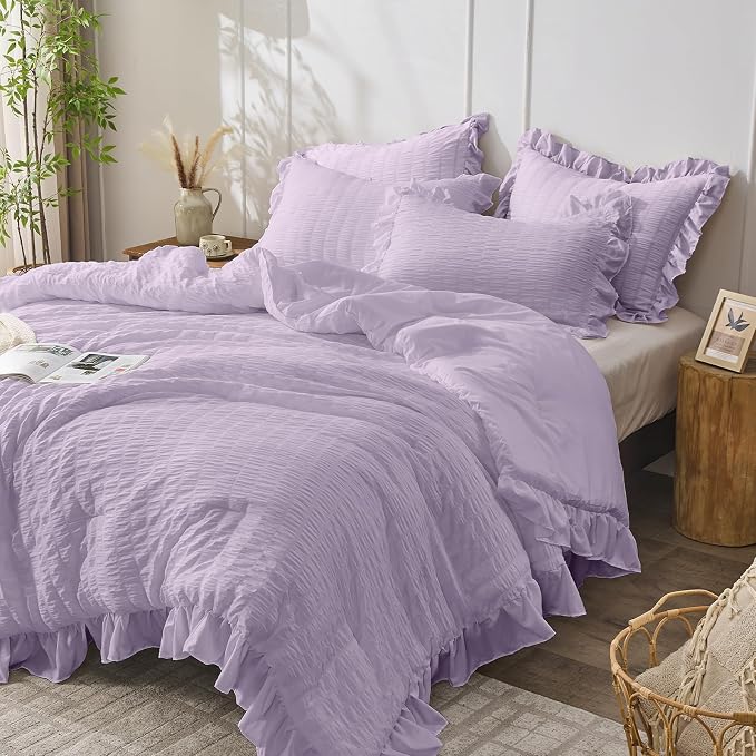 JOLLYVOGUE Lavender Queen Comforter Set, 3 Pieces Seersucker Comforters Queen - Image 2