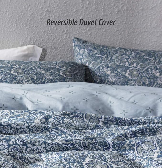 SLEEPBELLA Duvet Cover King, 600 Thread Count Cotton Blue & Green Paisley - Image 3