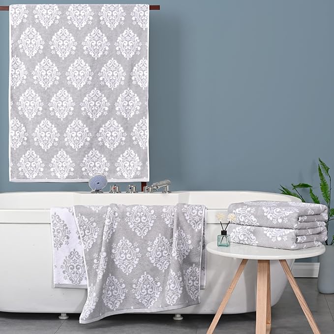 Grey Pattern Bath Towels, Quick Dry Bath Towel, Damask Jacquard Shower Towel - Image 5