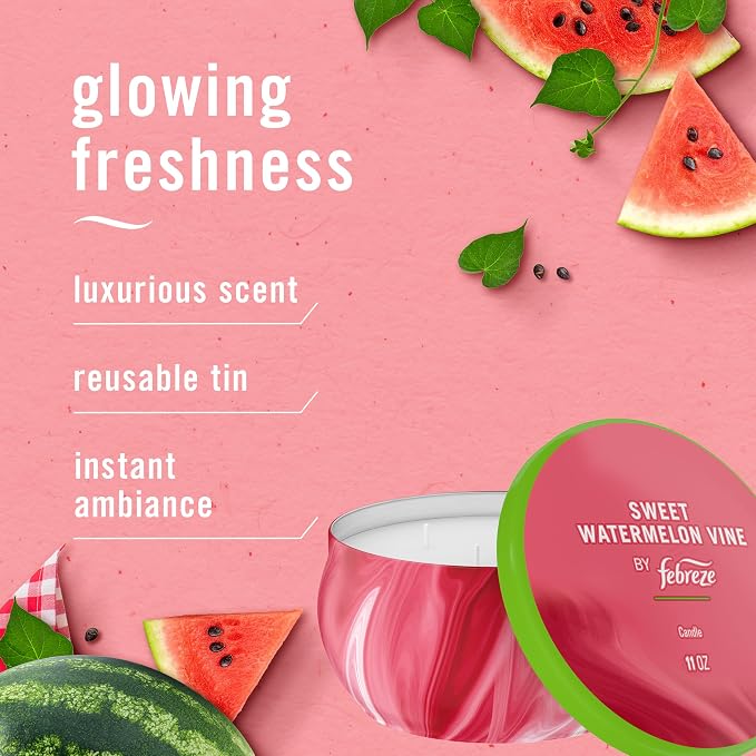 Febreze Scented Candle, Sweet Watermelon Vine Scent, 11 oz 4 Wick Candle - Image 2