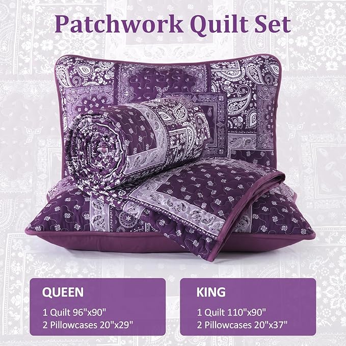 Cottolester Purple Quilt Set King Size, 3 Pieces Boho Patchwork Paisley Quilt - Image 6