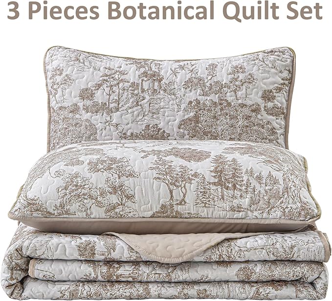 WONGS BEDDING Botanical Quilt Set California King Size, Khaki 3 Pieces Toile - Image 7