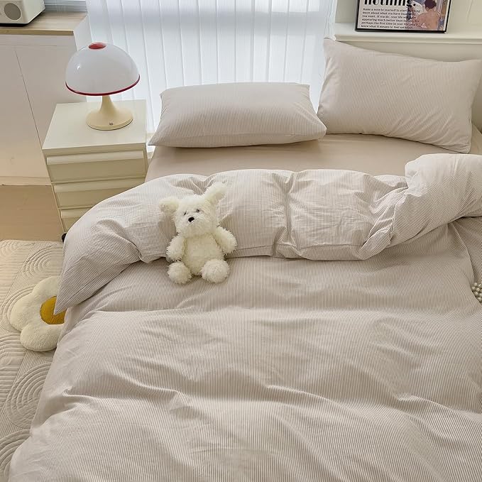 mixinni Tan Striped Duvet Cover Queen Size - Image 4