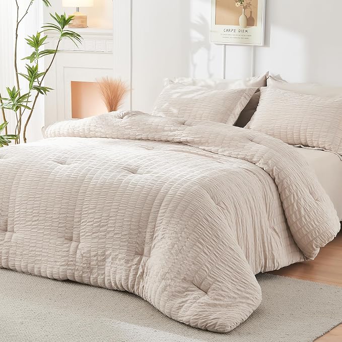 HYMOKEGE Beige Oversized King Comforter Set Seersucker 7 Pieces, All Season - Image 8