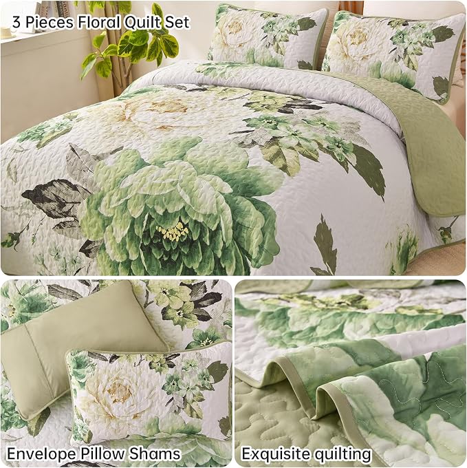 WONGS BEDDING Green Floral Quilt Set King, 3 Pieces Reversible Lightweight - Image 5