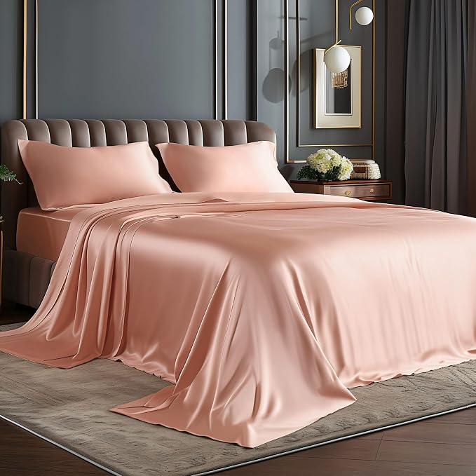 BEDELITE Satin Sheets Full Size Bed Set, Luxury Soft Coral Pink Silky Sheets by BEDELITE