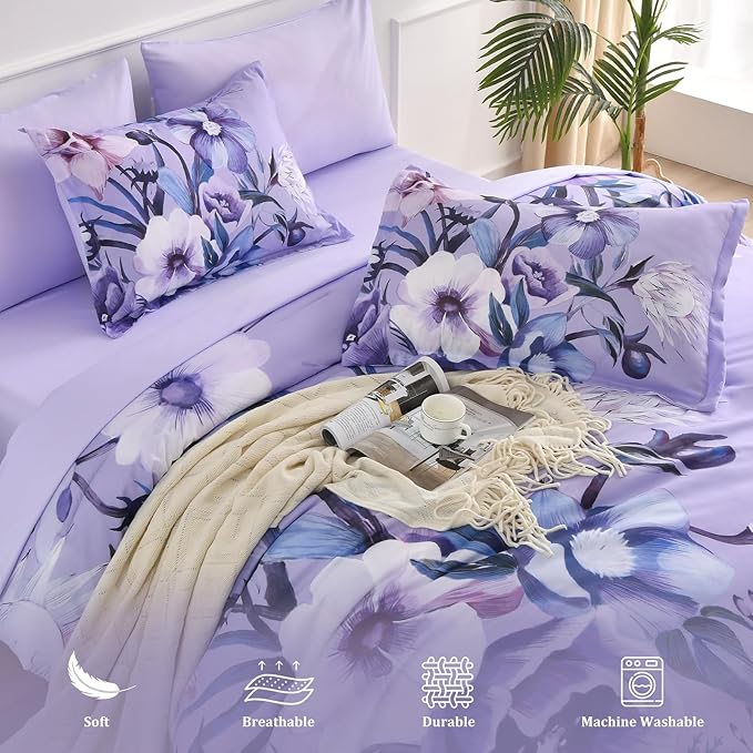 Luxudecor Lavender Purple Floral Comforter Set King Size 7 Piece, Flower Bed in - Image 4