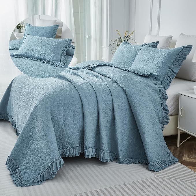 Brandream Luxury 100% Cotton Quilt Set King Size Blue Floral Vine Matelasse - Image 7