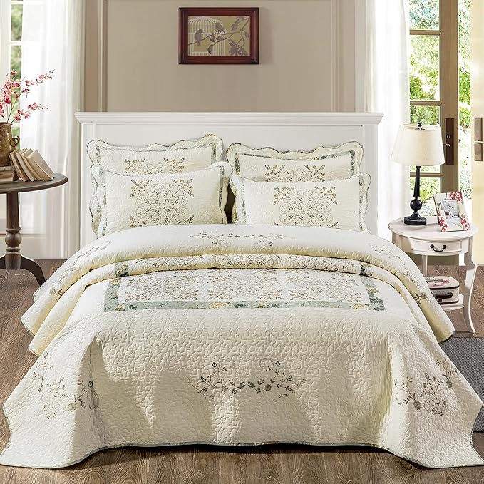 ROOMLIFE Quilt Set Full/Queen Size 3D Floral Embroidery Pattern 3-Piece Cotton by ROOMLIFE