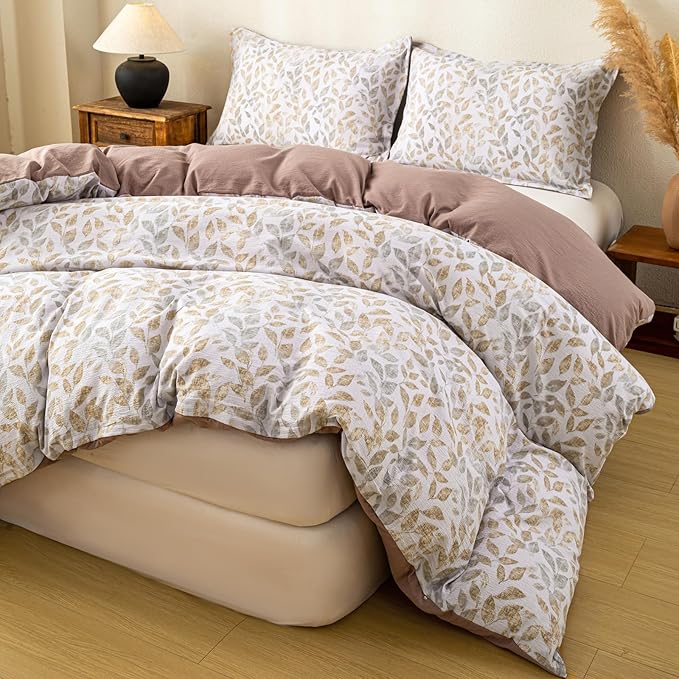 OAITE Brown Leaves Queen Size Duvet Cover-3 Pieces Prewashed Cotton-Like - Image 2