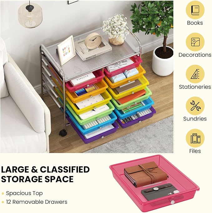 Giantex 12 Drawers Rolling Cart, Mobile Storage Drawer Cart, Classroom - Image 7