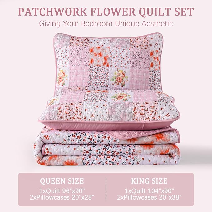 Mybedsoul Patchwork Quilt King Size, Soft Pink Boho Floral King Bedspreads - Image 7