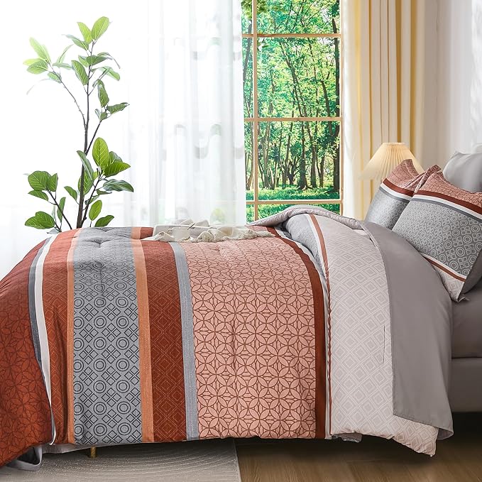 WONGS BEDDING 7 Pieces Comforter Set King Size, Burnt Orange Bed in a Bag - Image 7