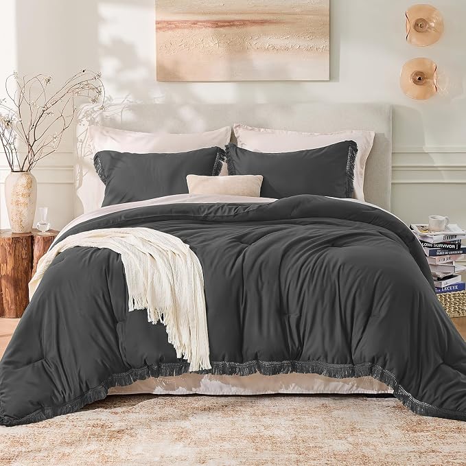 Andency Queen Comforter Set Dark Grey, 3 Pieces Boho Tassel Lightweight Bedding - Image 2