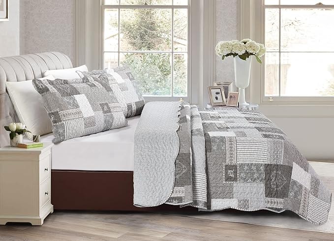 Brilliant Sunshine Grey Heart Love, Floral and Lace Patchwork, 3-Piece Quilt Set - Image 2