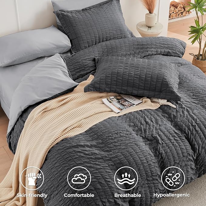 HYMOKEGE Dark Grey/Light Grey Twin Comforter Set Seersucker 5 Pieces, All - Image 3