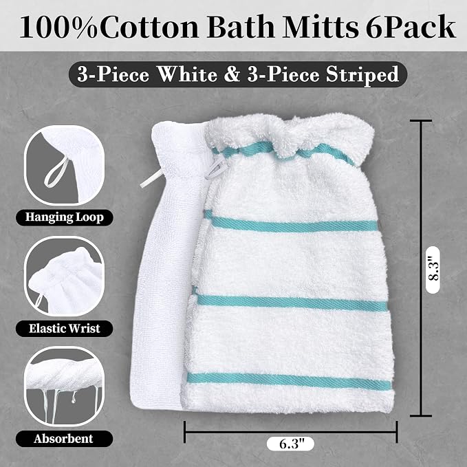 VOOVA & MOVAS 6Pack Bath Mitts for Shower, 8.3x6.3 Inch, 100% Cotton Soft - Image 3
