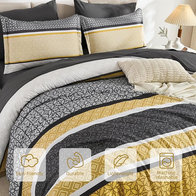 WONGS BEDDING Yellow Grey King Comforter Set 7 Pieces, Boho Striped Bed in a - Image 4
