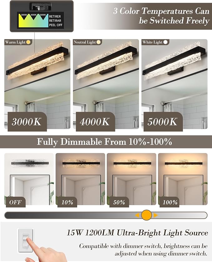 Black LED Bathroom Vanity Light, 24.4 Inch 15W Modern Dimmable Bathroom Light - Image 3