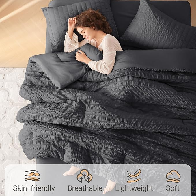 MUXHOMO 7 Pieces King Comforter Set, Seersucker Bed in a Bag King Size - Image 2