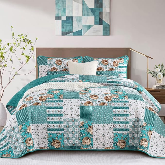 Anibedding Teal Quilt Set Queen Size Patchwork Floral Bedspread Coverlet by Anibedding