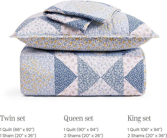BLOOMHAVEN Quilt Set Queen Size, Patchwork Blue Marigold Floral Quilt Sets - Image 8