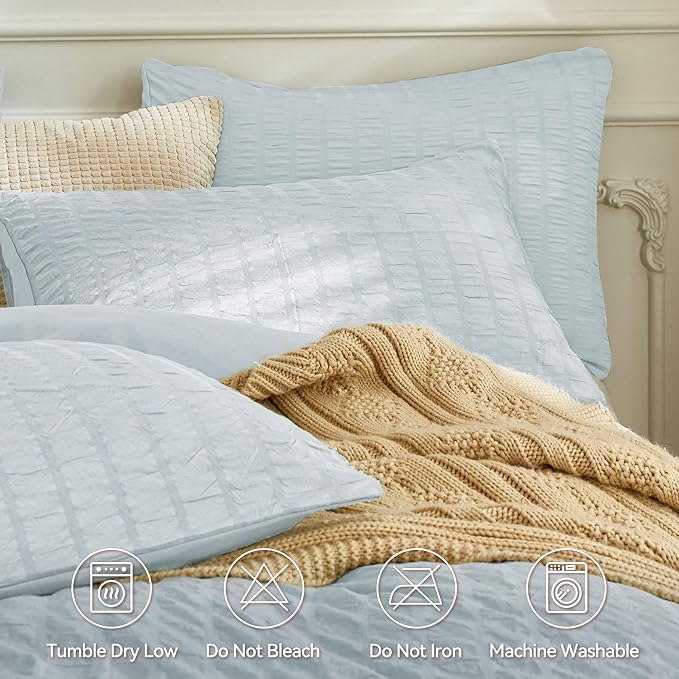 JELLYMONI Baby Blue Duvet Cover Queen Size, Soft Breathable Seersucker Duvet - Image 4