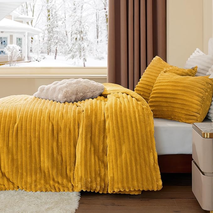 BEDELITE Fleece Full Comforter Set -Super Soft & Warm Fluffy Mustard Yellow - Image 4