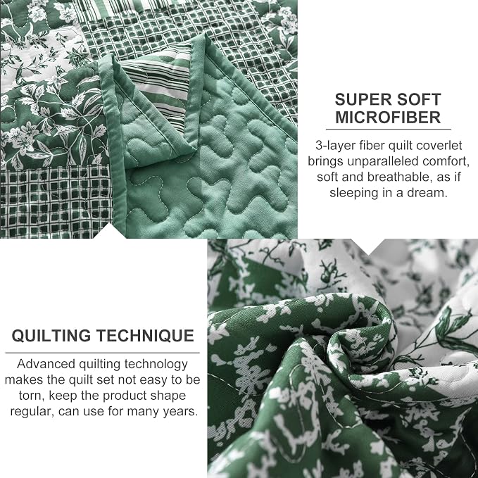 Mybedsoul Sage Green Boho King Quilt Set, 3-Piece Reversible Soft Plaid Floral - Image 6