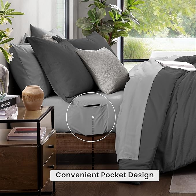 Monbix King Size Comforter Set, Dark Grey King Size Bed Set Reversible 7 Pieces - Image 4