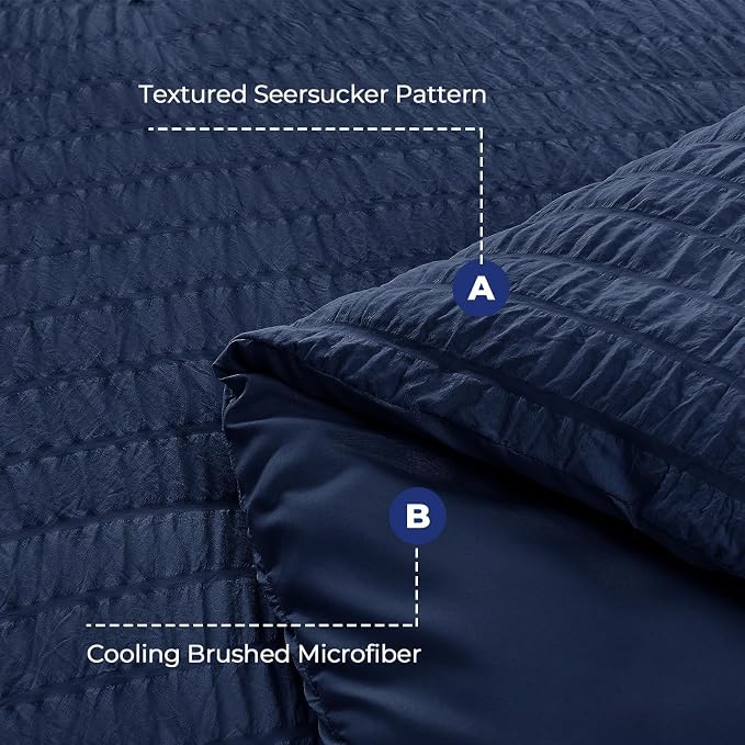 HYMOKEGE Navy Blue Twin Size Duvet Cover, Ultra Soft 2-Piece Seersucker Duvet - Image 3