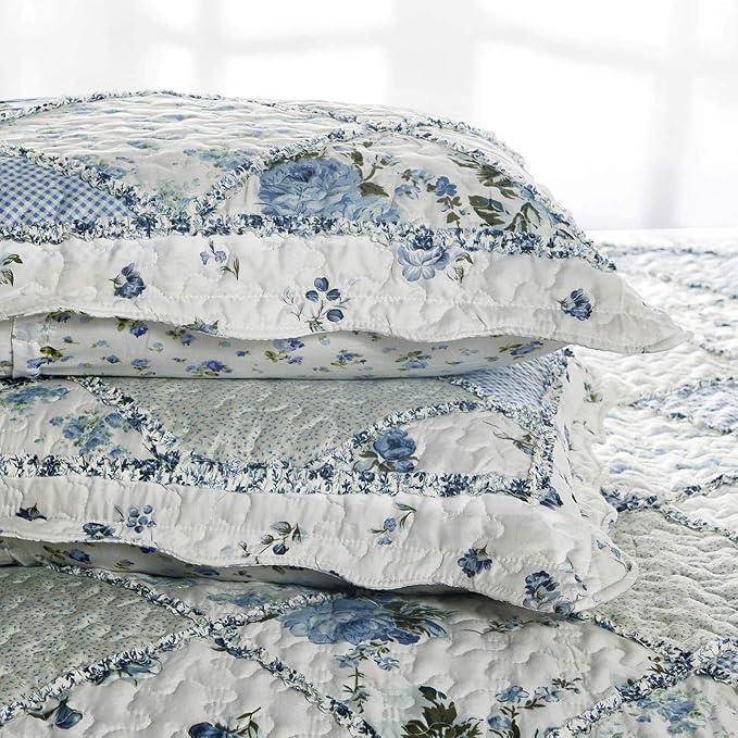 VIVILINEN Blue Floral Patchwork Quilt Set, Full Queen Size, 3 Piece Bedding Set - Image 6