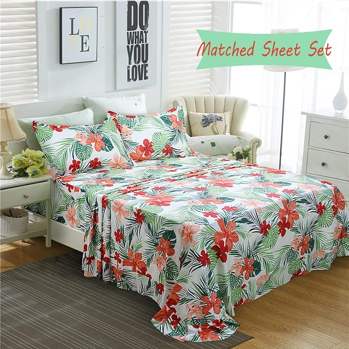 FADFAY Tropical Red Hibiscus Palm Leaves Duvet Cover Set Exotic Plants Bedding - Image 5
